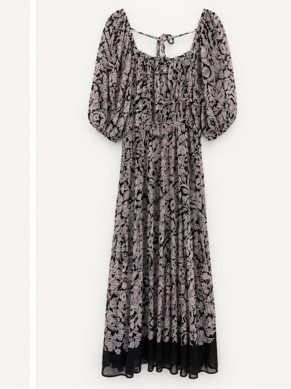 Anthropologie Lavender and Black Floral Puff-Sleeve Midi Dress